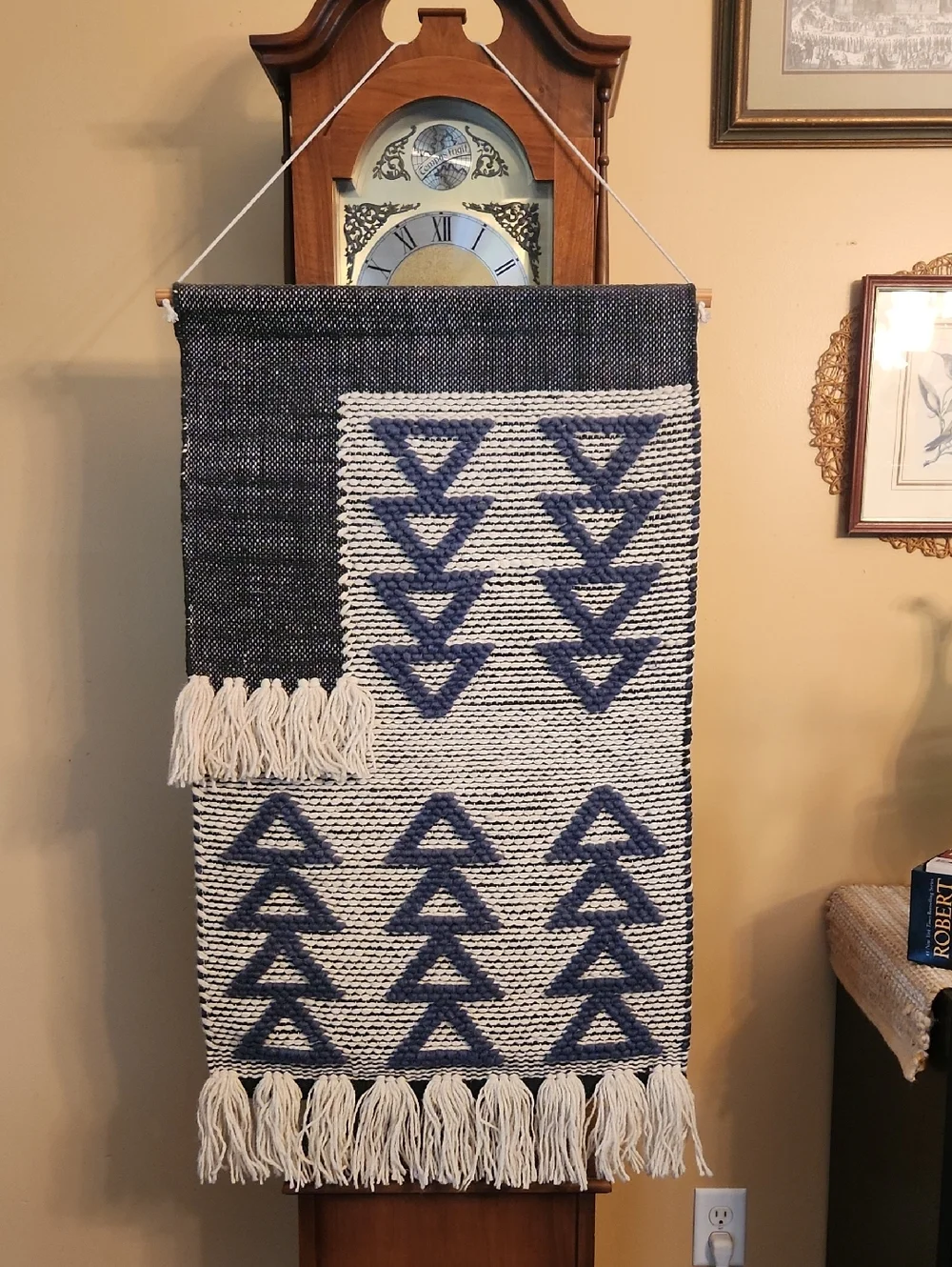 Handwoven Navy and Cream Geometric Wall Hanging Natural Materials